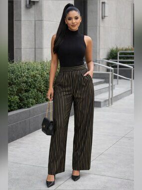 NWT NYCC Black & Gold Striped Trousers Size 10 - Wide Leg